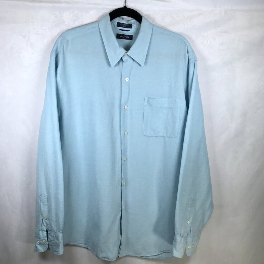 Nautica Button Dress Shirt Mens XXL Blue Linen Rayon Blend Long Sleeve Pocket